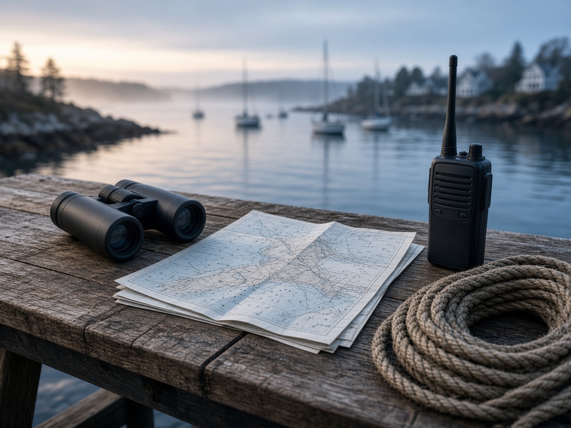 Binoculars and a radio on a harbor dock