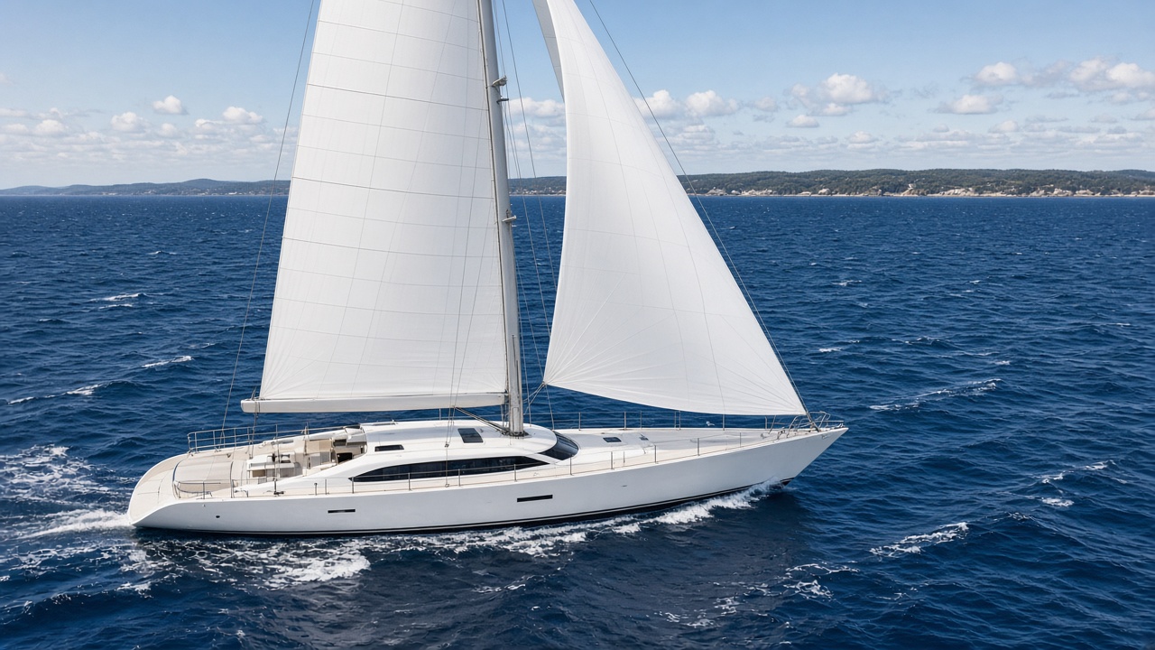 A superyacht under sail on open water