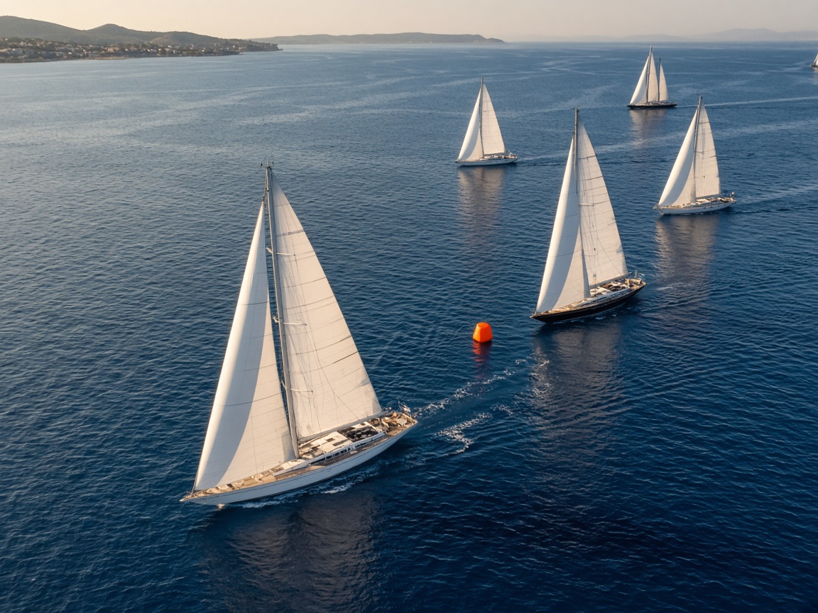 A fleet of sailing yachts rounding a mark
